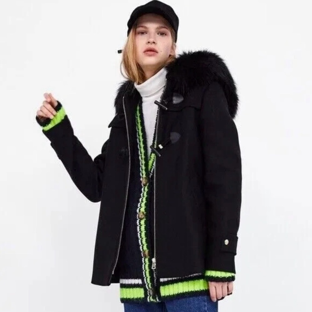 Zara Monteco Black Coat Faux Fur Hood